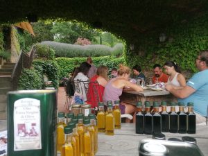 food and wine tour guests at olive oil tasting in Anghiari Tuscany