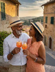 happy couple with aperol spritz on a Cibo e Vino tour in Tuscany